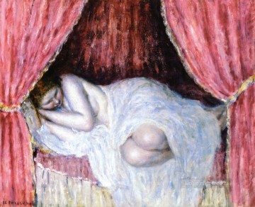 フレデリック・カール・フリーセケ Painting - 赤いカーテンの後ろのヌード印象派の女性フレデリック・カール・フリーセケ